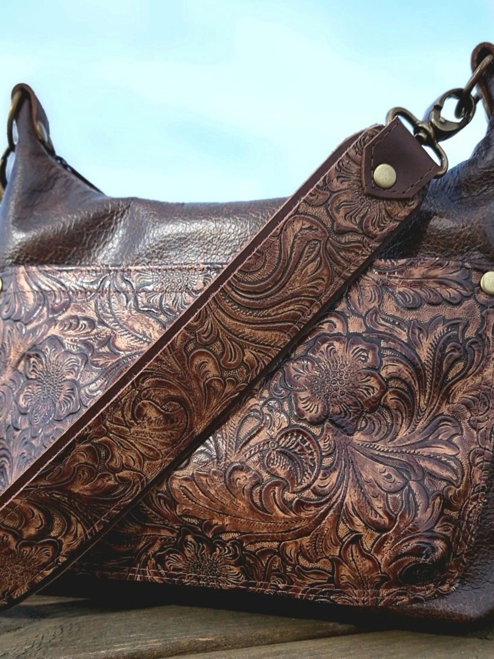 Hand-Tooled Leather Shoulder Bag in Brown